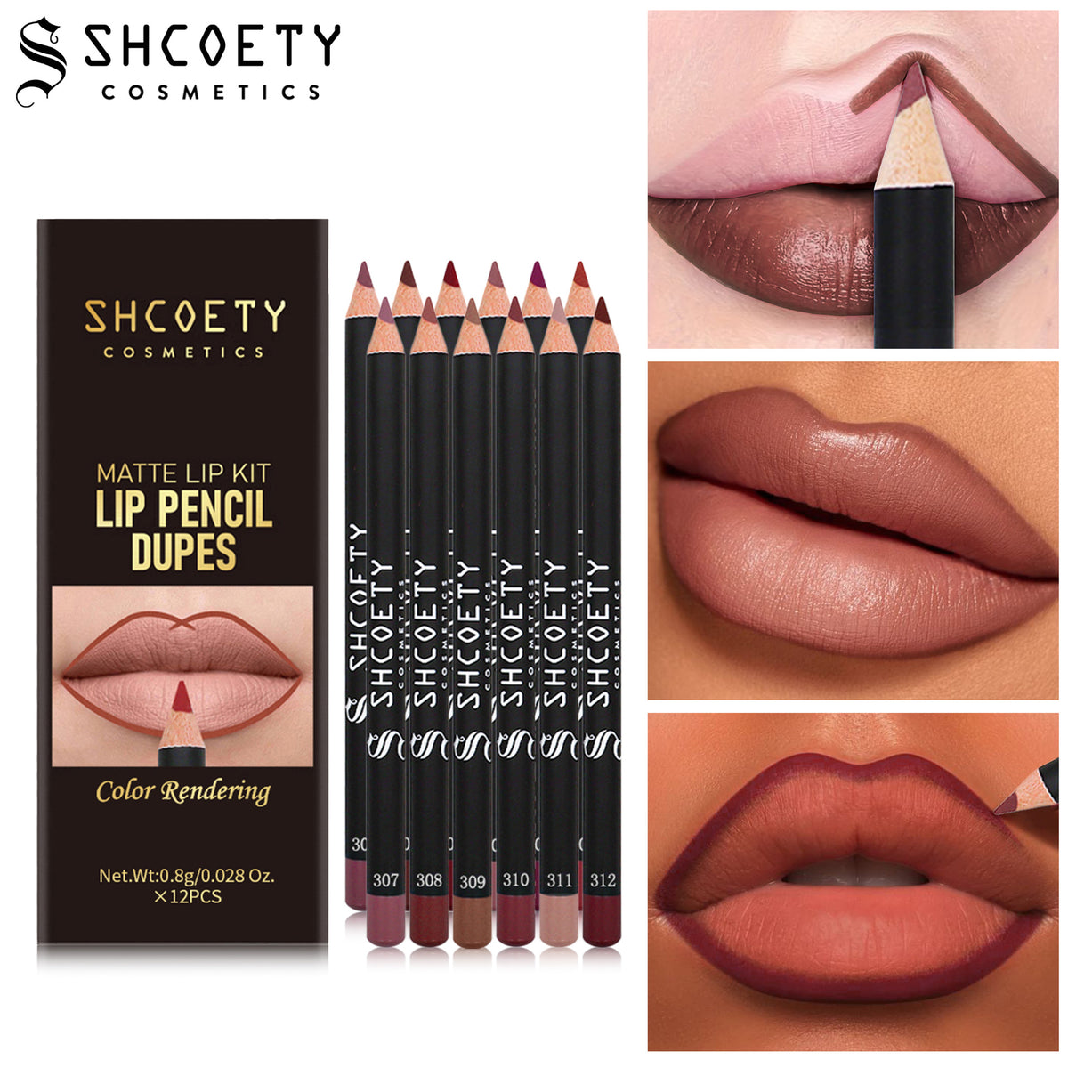 SHCOETY 12-Piece Matte Lip Liner Pencil Set (Shades 301–312)